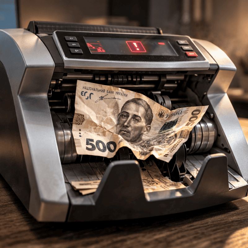 Лічильник банкнот жує купюру 500 грн через зношені ролики