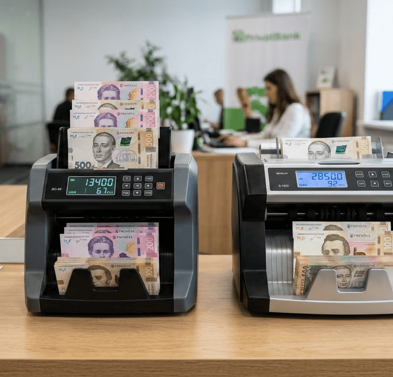 Порівняння лічильника банкнот з вертикальним та горизонтальним завантаженням на робочому столі обмінного пункту