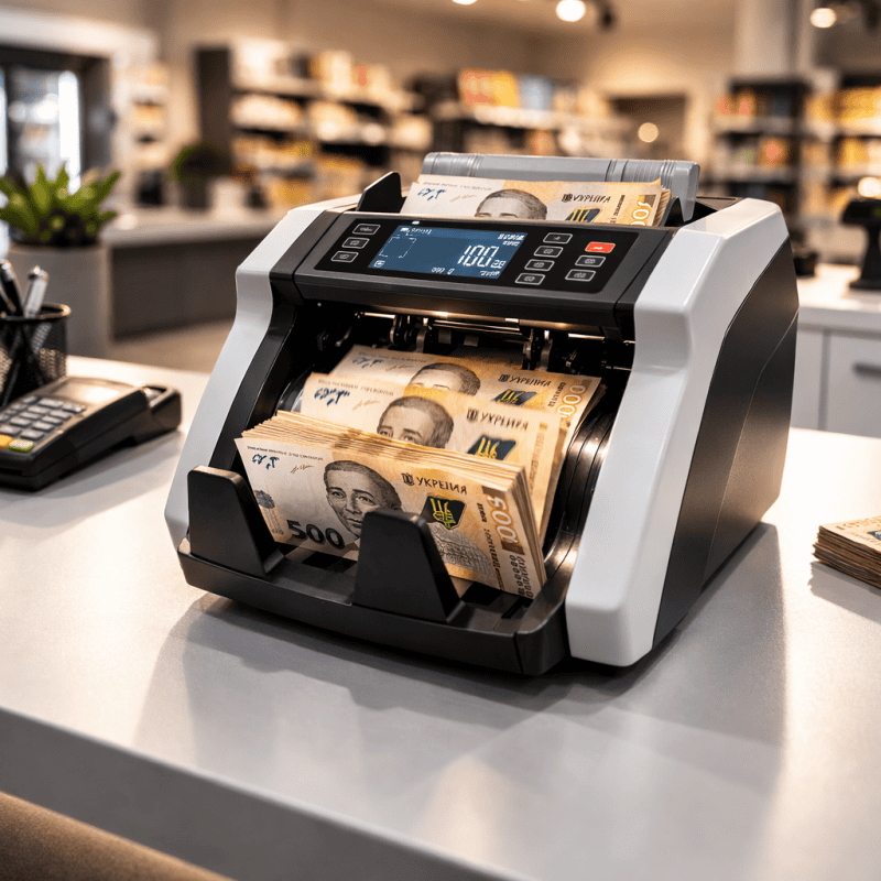 Лічильник банкнот для магазину на касовому столі перераховує 500 гривень
